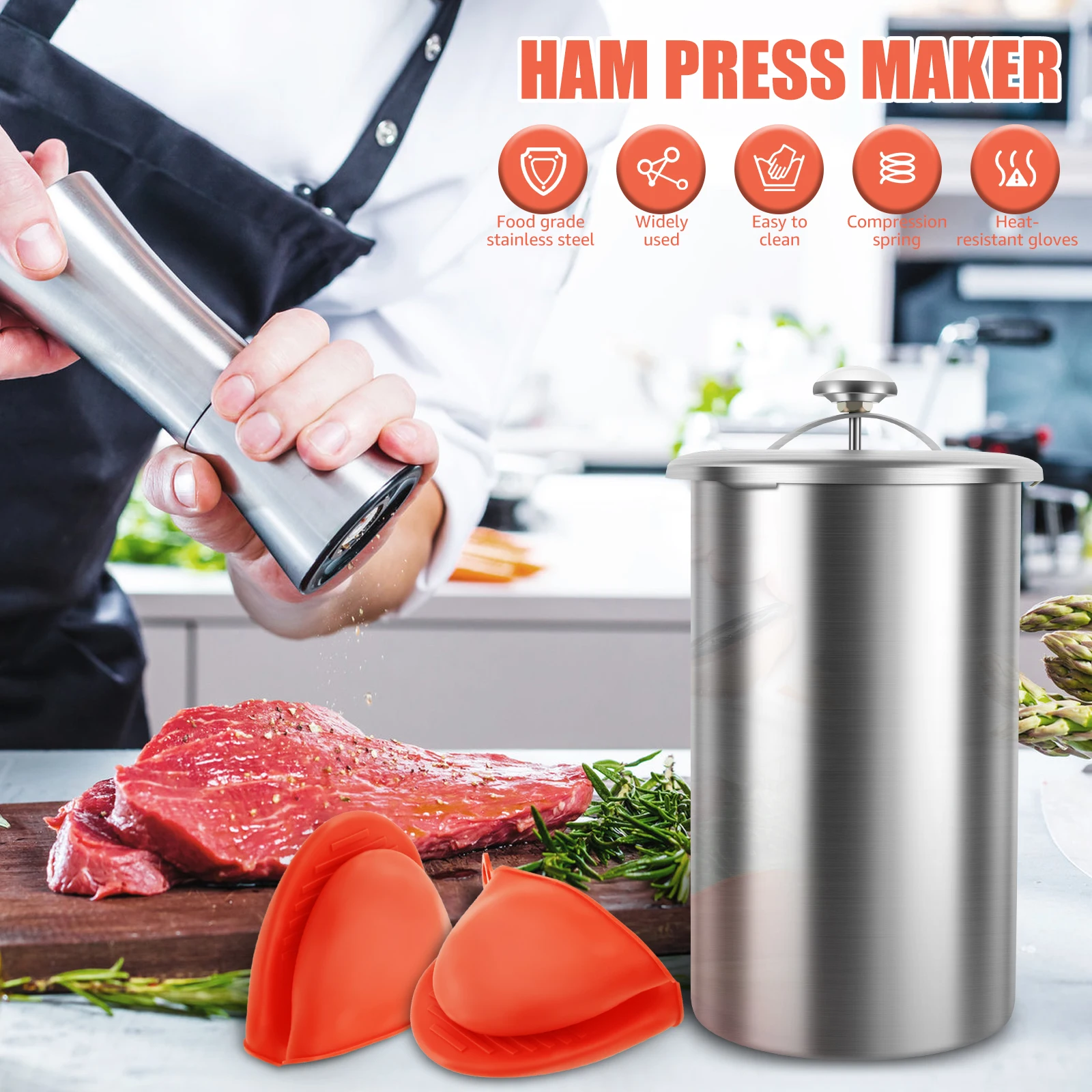 Meat Press Mold With Thermometer Stainless Steel Ham Maker Compression Spring Design Meat Press Kitchen Tool for Pork Beef