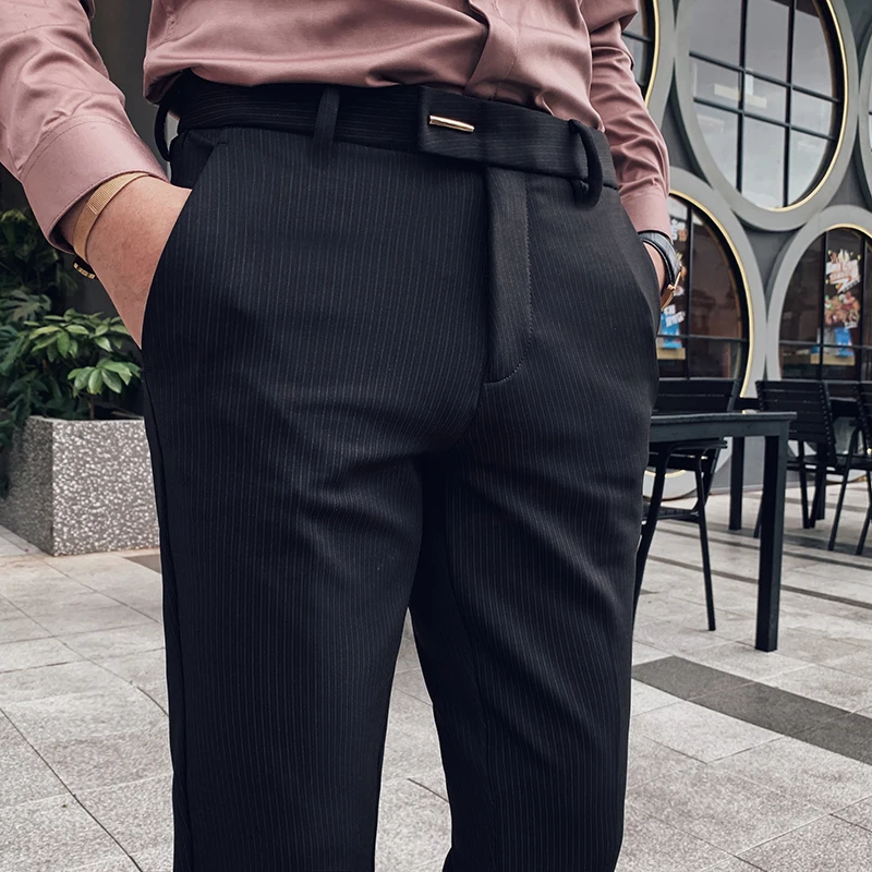 Pants Men's High Quality Fit Business Suit Men's Stripe Pant Solid Color Slim Fit Casual Dress Suit Trousers Mans New Streetwear