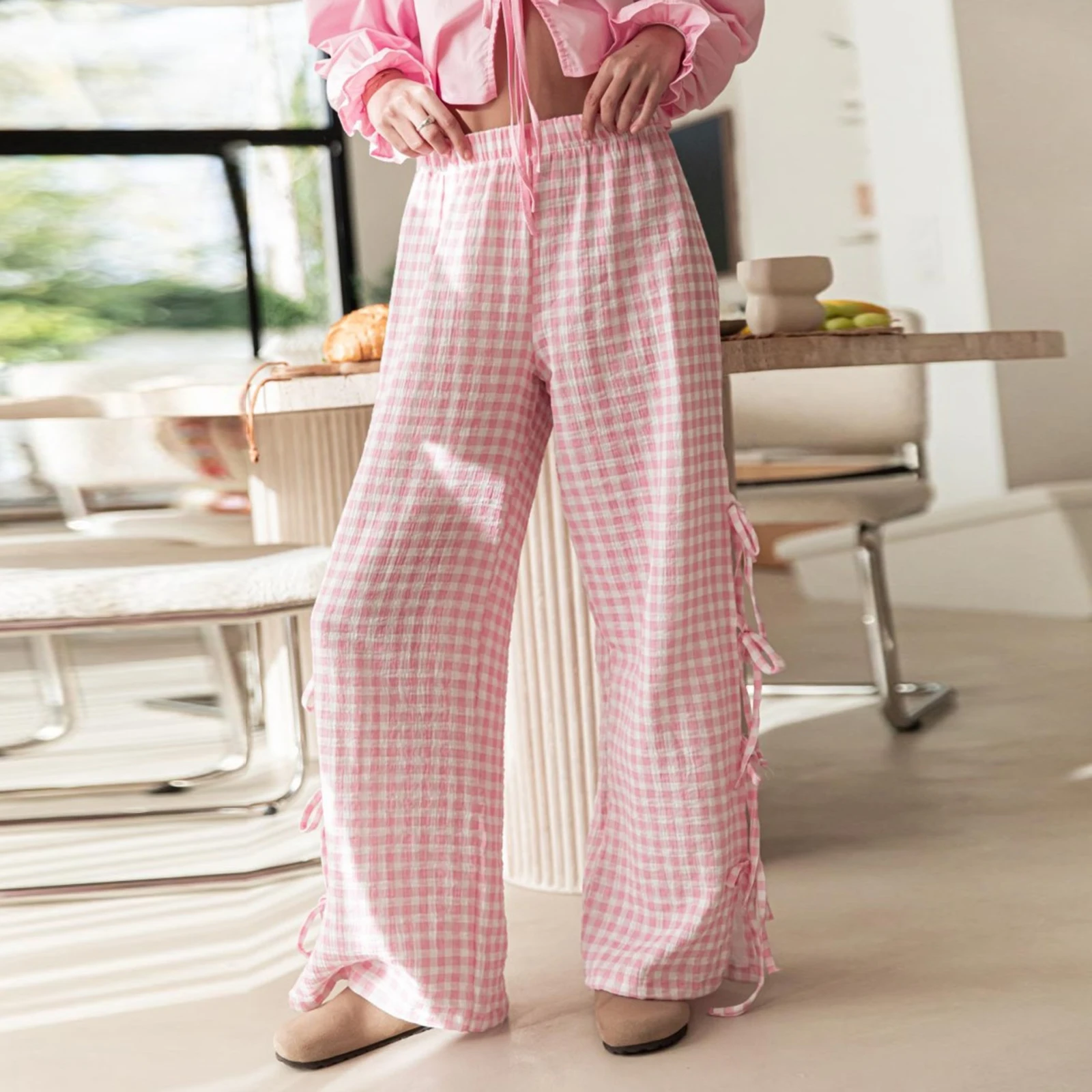 

Gaono Women Y2k Plaid Print Long Pants Side Tie Bow Wide Leg Pants High Waist Gingham Trousers Lounge Pants Streetwear