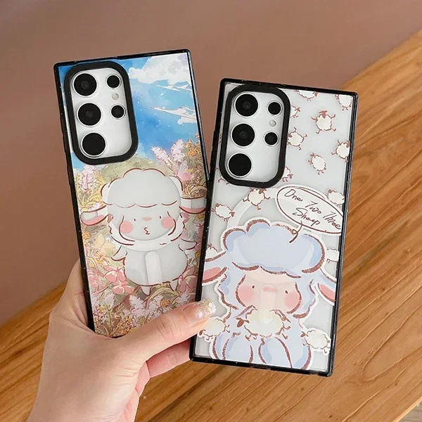 Cartoon Lamb MagSafe Acrylic Black Border Case for Samsung Galaxy S22 S23 S24 Ultra Protective Shell