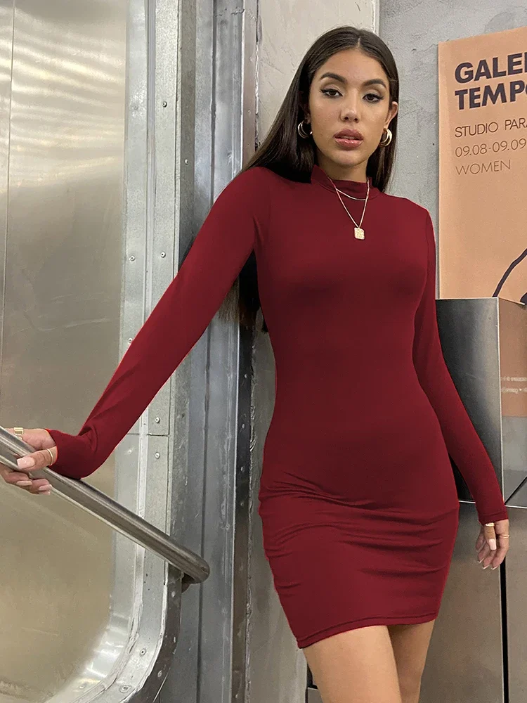Long Sleeve Slim Bodycon Mini Dress Women Turtleneck Pleated Party Ruched Short Evening Club Outfit 3
