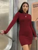 Long Sleeve Slim Bodycon Mini Dress Women Turtleneck Pleated Party Ruched Short Evening Club Outfit 3