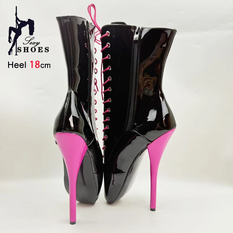 Big Size 36-46 Stiletto Pink Lace-up Ballet Boots 18CM/7'' Ultrahigh Heels Women Sexy Short Boots Extreme high heel Fetish Shoes