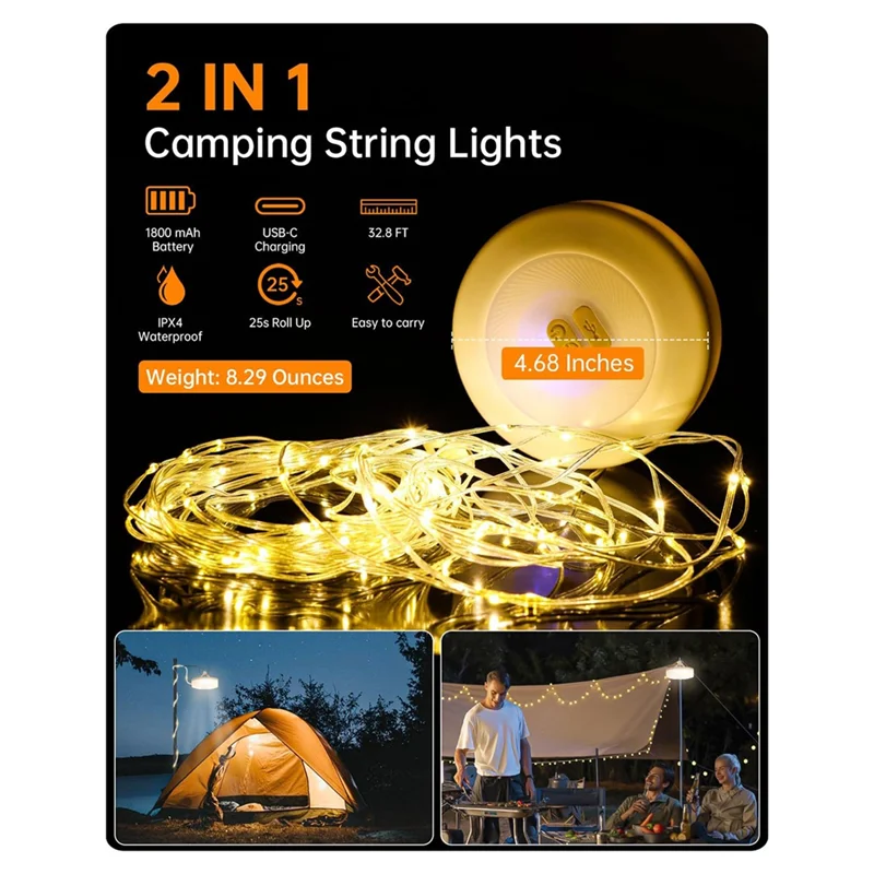 LUDA 2-In-1 Outdoor Camping String Light With 5 Lighting Modes,Portable Led Camping Lantern For Tent,Yard,Decoration(32.8FT)
