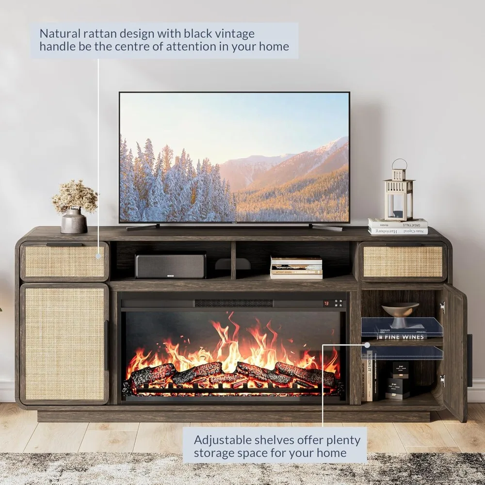 68" TV Stand for TV Up to 75",Boho Entertainment Center with 36" Electric Fireplace Heater with Sound, Rattan Decorated Console 2