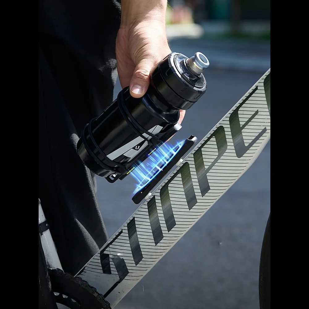 Magnetic Quick-Release Bike Bottle Holder - Secure No-Fall Design with Straps & Tool, Black