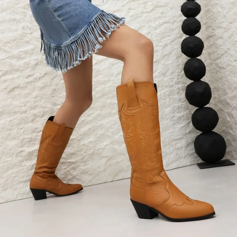 

Plus Size 43 Women's Embroidered Retro Western Knee High Boots Cowboy Long Boots Chunky Heel Woman Slip On Cowgirl Western Shoes
