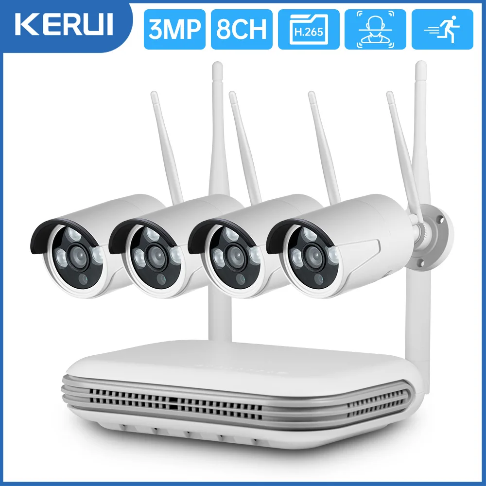 KERUI H.265 8CH Outdoor WIFI Wireless MINI NVR 3MP Security Camera System Video Surveillance Kit Face Detect Recorder CCTV best wired security camera system Surveillance Items