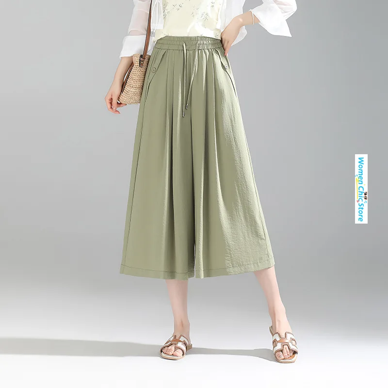 

Elastic High Waist Solid Color Wide Leg Pants Skirts Women Culottes 2024 Summer Thin Vintage Loose Casual Capris Trousers 2855