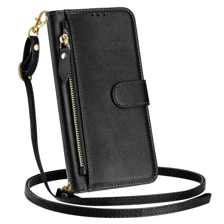 Enhanced Faux Leather Crossbody Zipper Wallet Case with Flip Book Cover