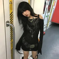 Karrram japonais Y2k hauts tricotés Grunge tatouage imprimé T-shirt à manches longues côtelé Vintage Harajuku froncé tricots années 2000 gothique 3
