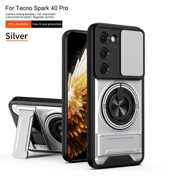 Armor Shockproof Phone Case with Sliding Camera Cap and Built - in Magnet Ring Kickstand for Tecno spark 40 pro (SJZJ silver)