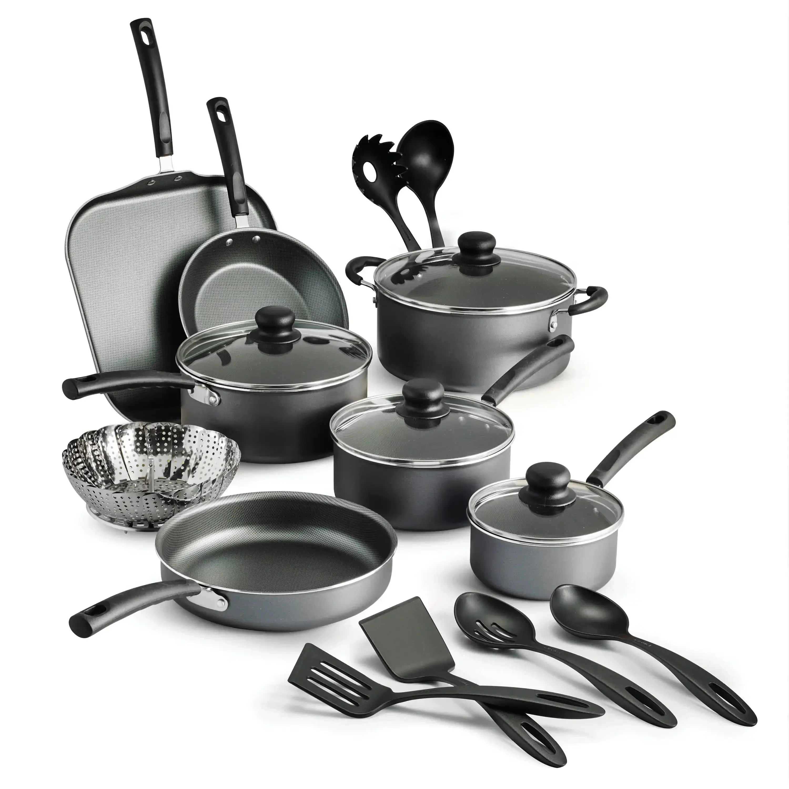 

Andralyn 18 Piece Non-stick Cookware Set, Steel Gray