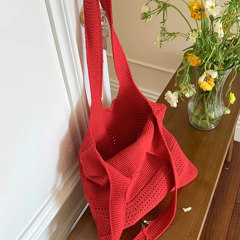 Aesthetic Hollow Out Crochet Bag Large Capacity Shoulder Bag Simple Knitted Shopper Tote Bag For Women