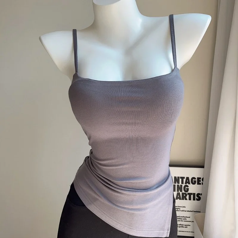 

BEENLE 2023 Summer New Fashion Tanks Top U-neck Suspender Halter Vest Female Inner Lap Side Slit Skinny Spring Bottoming Shirt