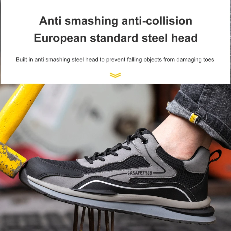 Summer Breathable Men Safety Shoes Steel Toe Anti-smash Construction Welding Shoes Reflective Strip Male Footwear Women Sneakers