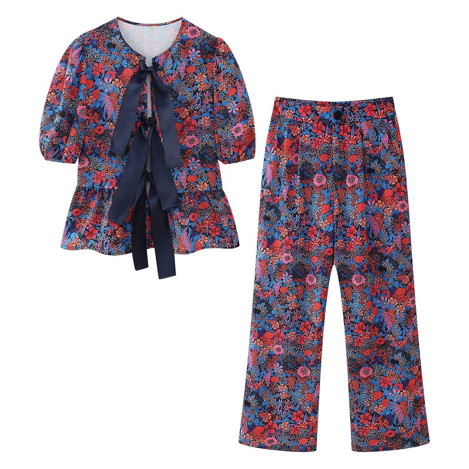 Women Pants Suits Fashion Straight Pants 2 Piece Sets Hollow Out Lace Up Shirts High Waist Pant Suits Chic Women Pants Outfit