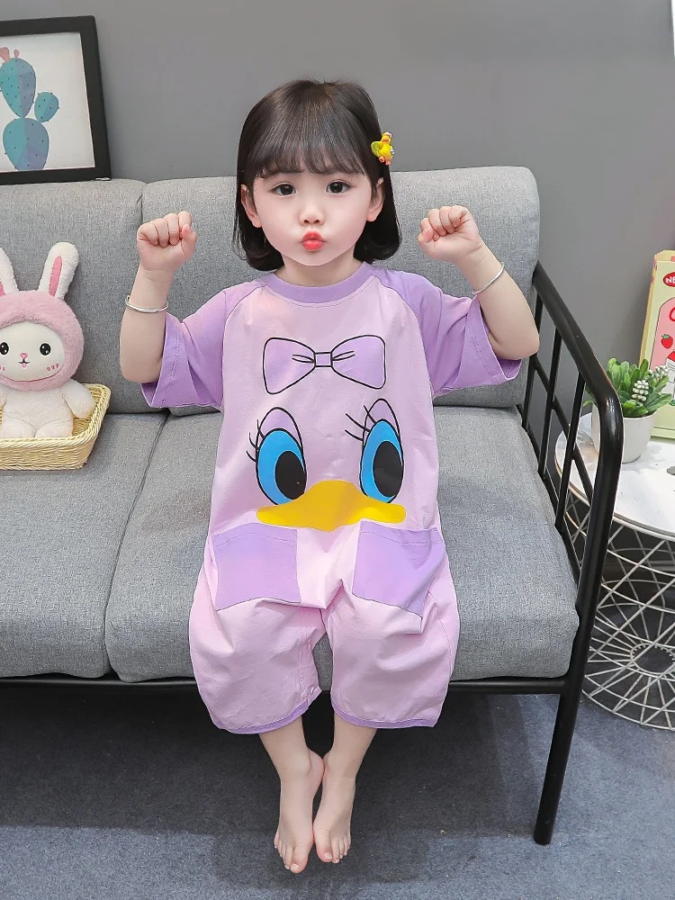 순면 여름 얇은 아동용 롬퍼 잠옷 올인원 수트 에어컨 룸 봄 여름 여아 홈웨어