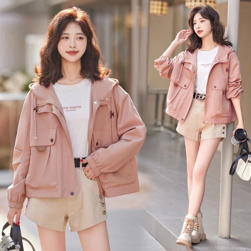 White Short Jacket For Women's Spring Autumn 2024 New Fashion Loose Casual Versatile Hooded Work Jacket Top With Lining Outwear