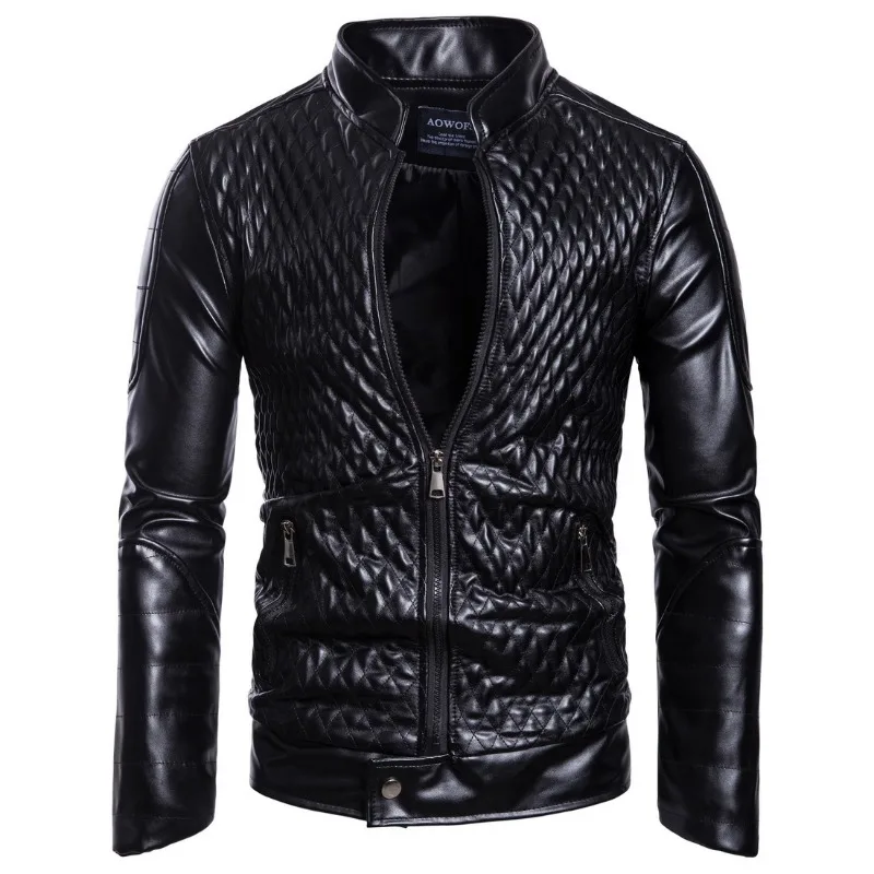 2023 New Men Zipper Slim Fit Leather Jacket Fashion Large Size Stand Collar Leather Outcoat Casual Versatile Solid Color Outwear