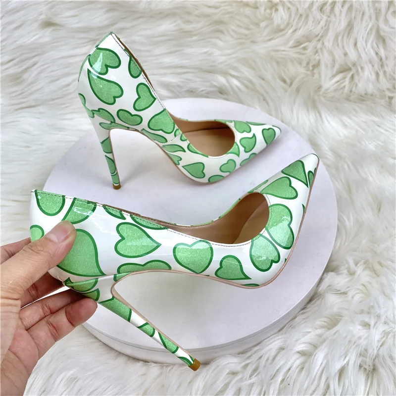 

2023 Fashion Women's Shoes Pointed Toe High Heels Pumps Heart Print Patent Ladies Wedding Party Outfit Footwear Slip on