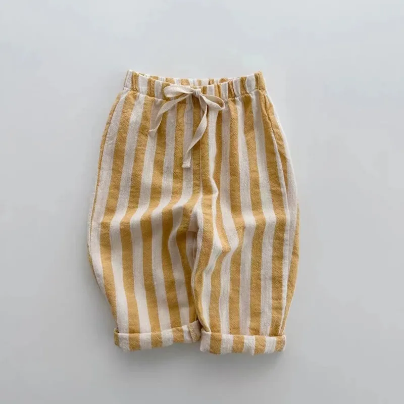 Vintage Linen Cotton Stripe Pants for Boys Casual Pocket Design Elastics Waist Pants for Toddler Girl Clothing Children Trousers 1