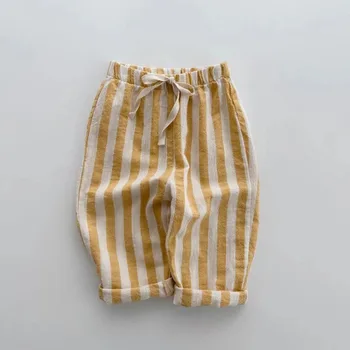 Vintage Linen Cotton Stripe Pants for Boys Casual Pocket Design Elastics Waist Pants for Toddler Girl Clothing Children Trousers 1