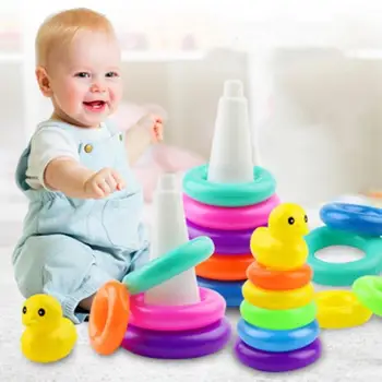0-3 years old Infant Early Learning Rainbow Stacking Toys Puzzle Development Intelligence Rainbow Tower Set of Rings Yellow Duck 4