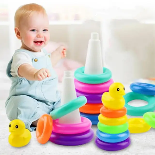 0-3 years old Infant Early Learning Rainbow Stacking Toys Puzzle Development Intelligence Rainbow Tower Set of Rings Yellow Duck 4