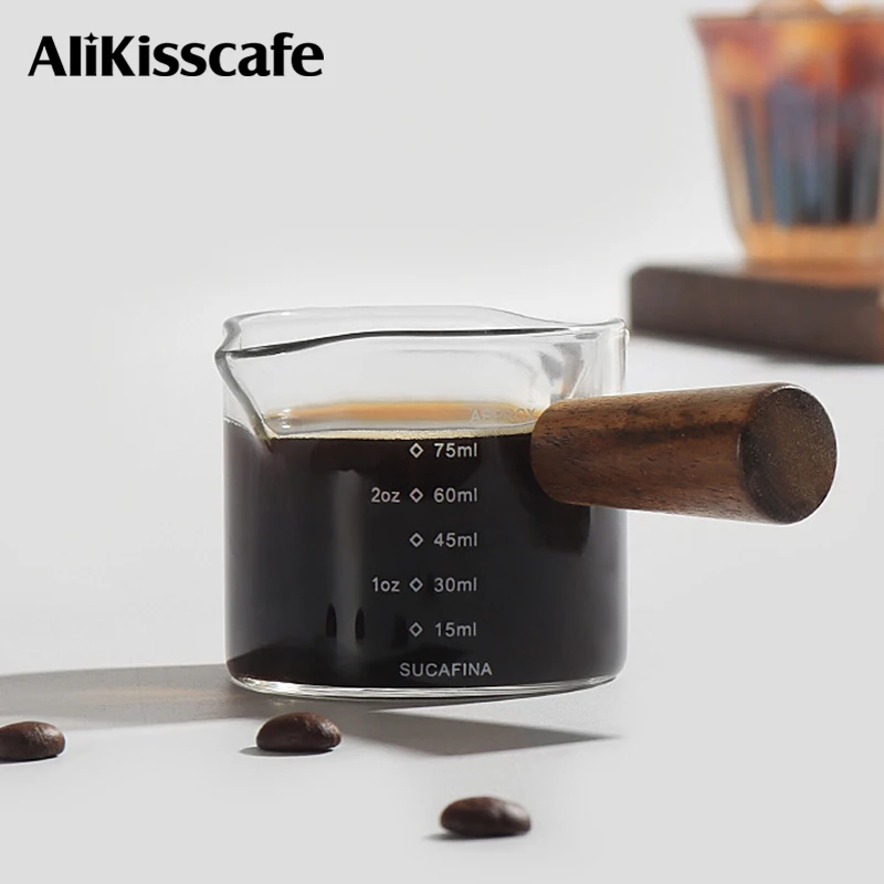 Espresso Measuring Cup 100ml 75ml Double Mouth Wood Handle Supplies Transparent With Scale Heat-resistant Glass Coffee Kitchen measuring cup