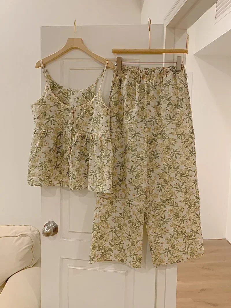 

Casual Sleepwear Women Trousers Suit Pajamas Summer Cotton V-neck Flowers Print Tops Vintage Strapless Home Set + Loose Camis