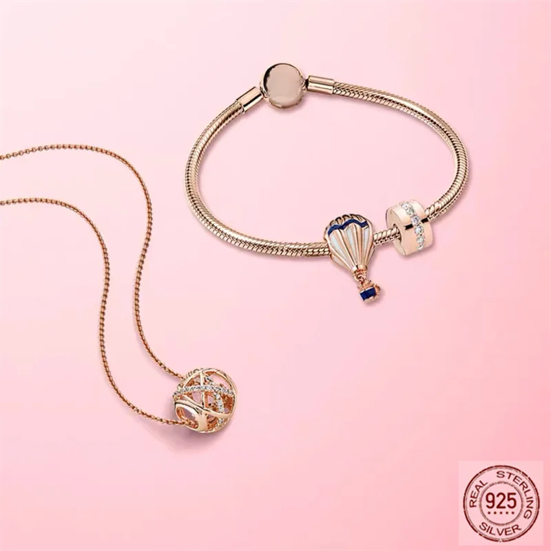 

Hot Sale Charm Bead Fit Original Pandora Bracelet/Necklace 925 Sterling Silver Jewelry Rose Gold Pendant Hot Air Balloon clip
