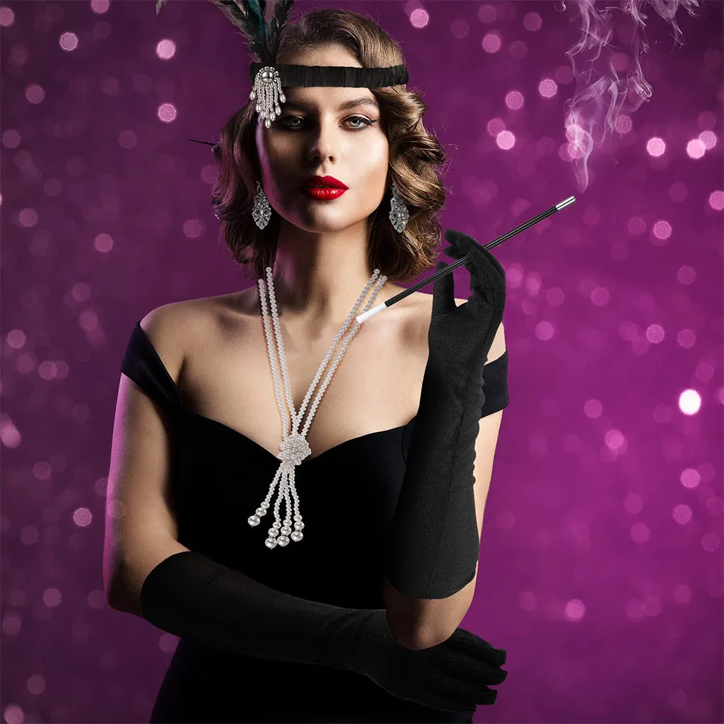 20er Jahre Great Gatsby Style Party Feder Stirnband Perlenkette Rauchstab Vintage Ohrringe Schwarze Feder Fan Set für Frauen 1920er Jahre – Detail 7