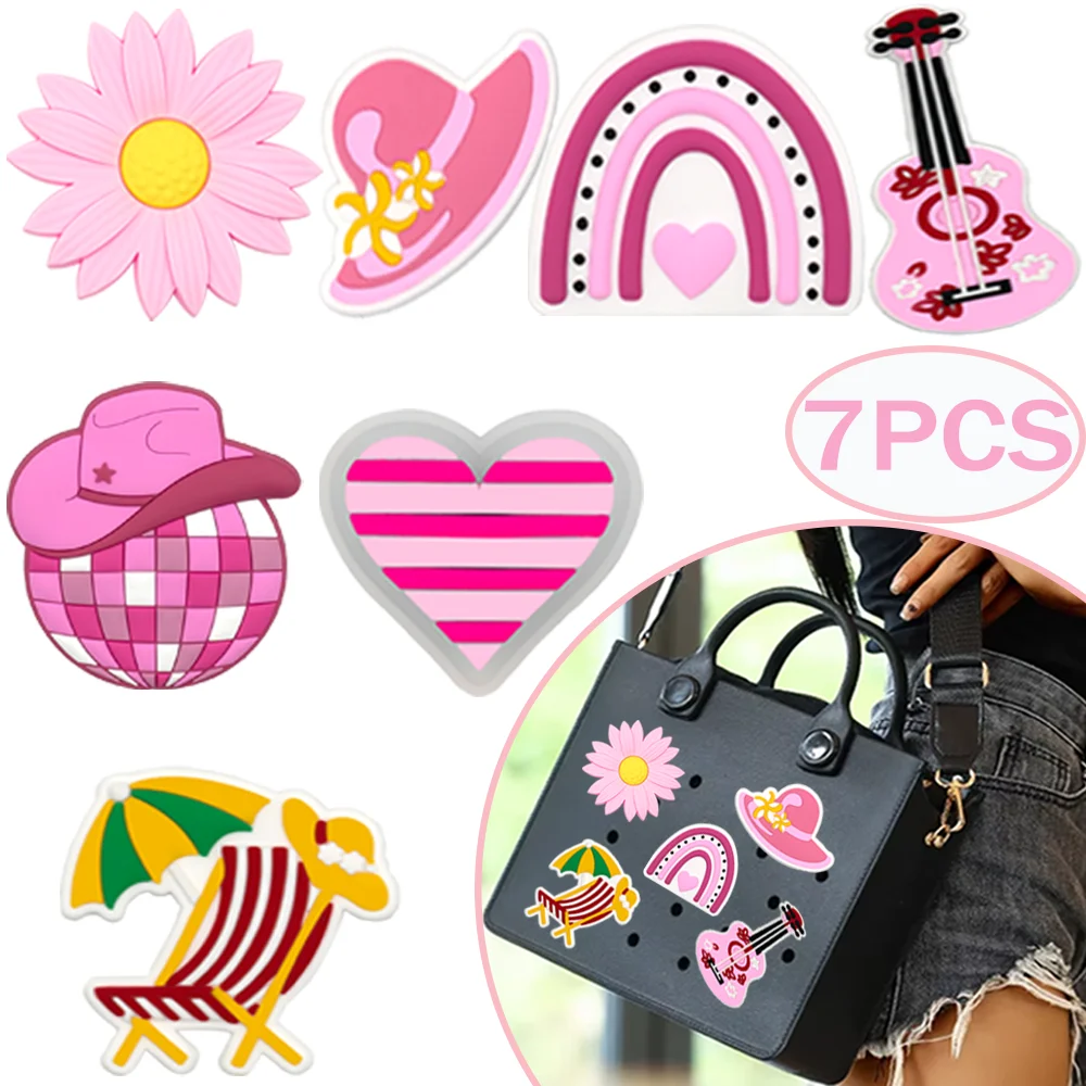 1/7PCS Pink Charms for Shoulder Bag,Flower Hat Heart Decoration for Handbag,Cowboys Violin Beach Chair Bag Accessories