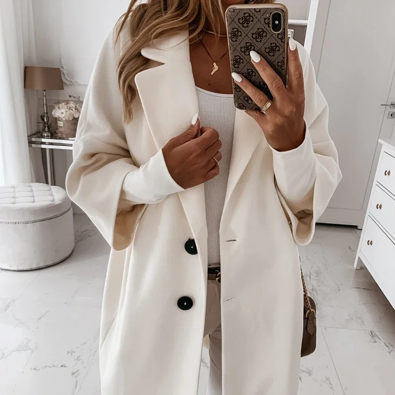 Winter Casual Three Quarter Sleeve Coat Women Single-Breasted Outwear Loose Long Overcoats 2024 Autumn Loose Woolen Blends Coats