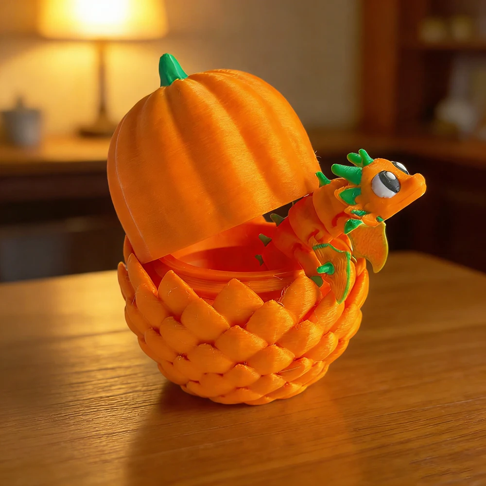 3D-gedruckter süßer und bezaubernder Kürbisdrache + Drache-Ei-Modell aus Kunststoff, Schreibtisch-Dekoration, Skulptur, Ornamente, Urlaubsgeschenke – Detail 4