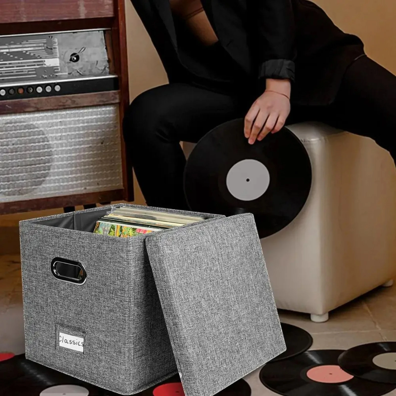 Simple Fabric Storage Box Foldable Covered Storage Box Large Capacity Dustproof Vinyl Record Organizer Box Home Supplies 5