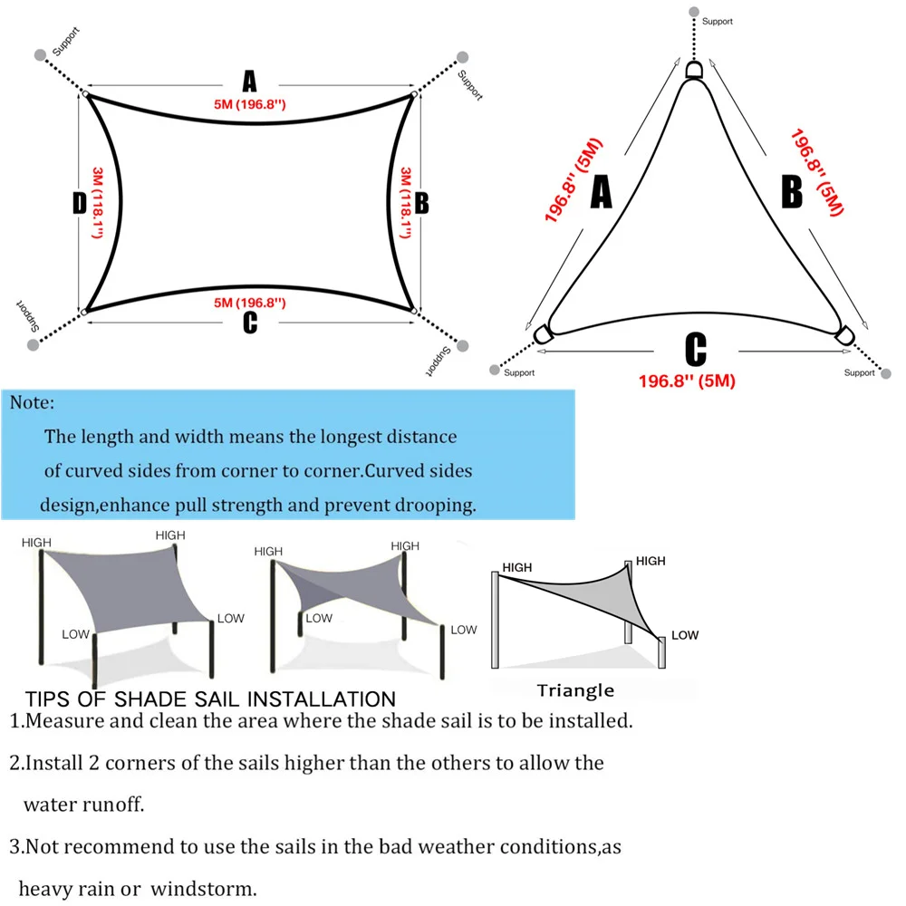 2/3/3.6/5M Triangle Sun Shade Sail Canopy for 98%UV Block Sun Shelter for Outdoor Facility&Activities Backyard Awning Camp Tent sunshade net outdoor awnings