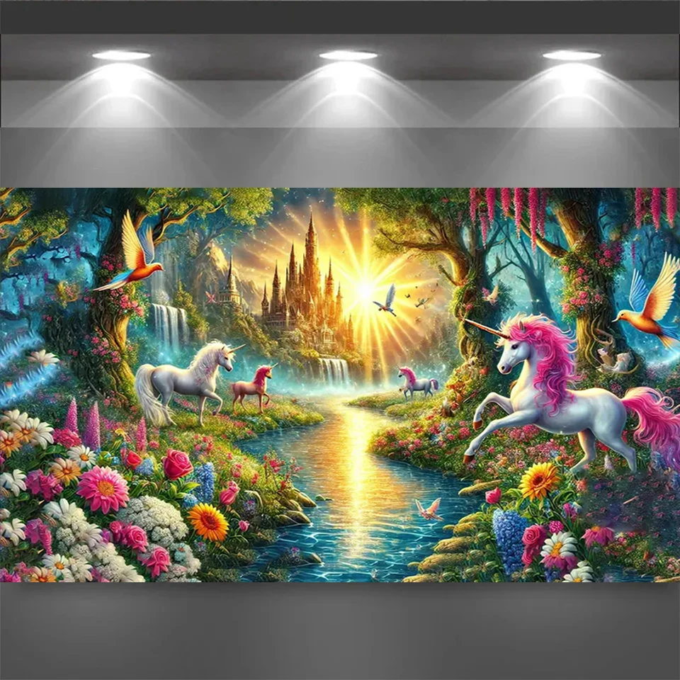 Bunte Einhörner Schloss Wald Landschaft handgemachte Diy Diamant Malerei voller Platz Runde Diamant Kunst Mosaik Schmuck Kreuzstich – Detail 2