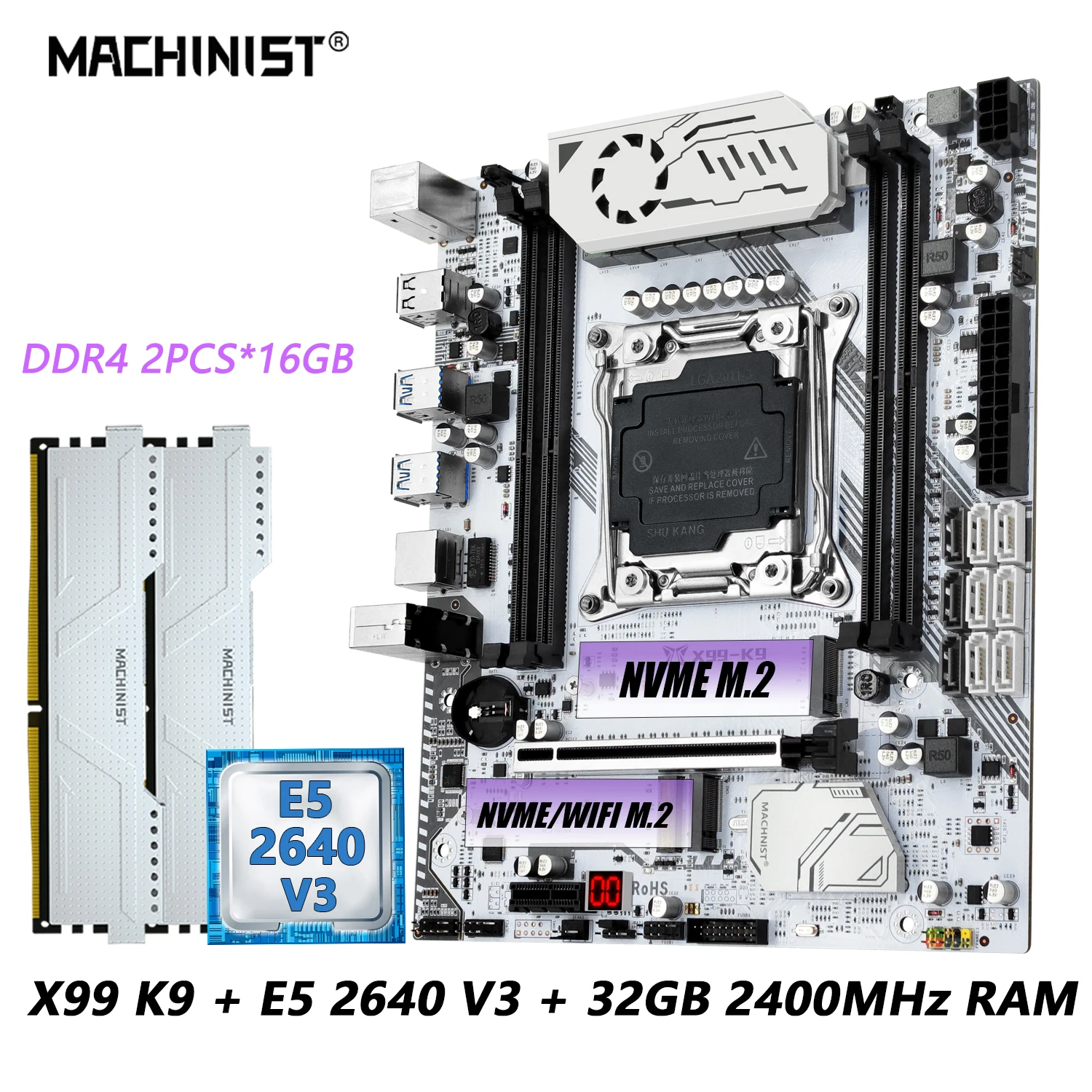 MACHINIS k9 X99 Kit Motherboard Xeon LGA 2011-3 CPU E5 2640 V3 Processor Set DDR4 32G=2*16GB RAM 2400mhz Memory M.2 NVME M-ATX