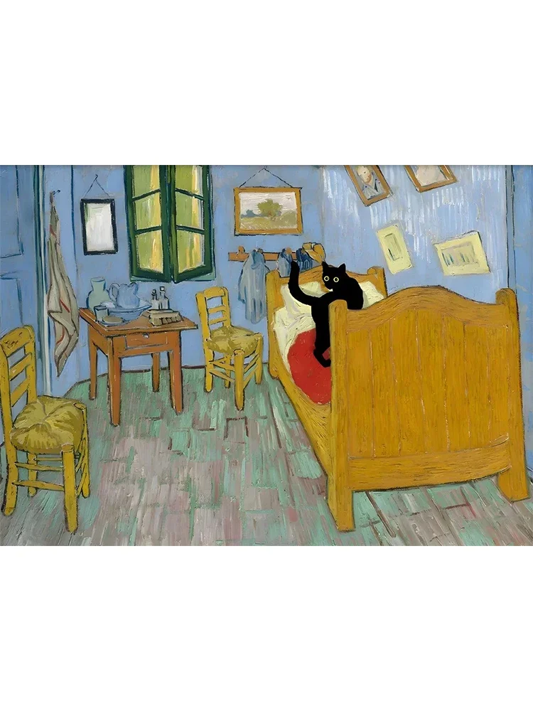 Starry Night Cat-Inspired Canvas Print: Humorous Wall Art Decor