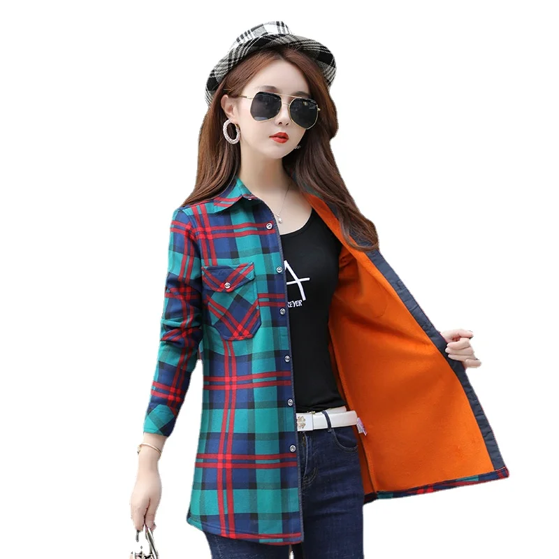 Women Winter Keep Warm Fleece Long Plaid Blouse Long Sleeve Turn-down Collar Pockets Velvet Shirt Oversized  M-XXXL Tops Blusas gloves women s winter plus cashmere warm lovely suede cycling skiing winter keep warm touch screen plus velvet gloves