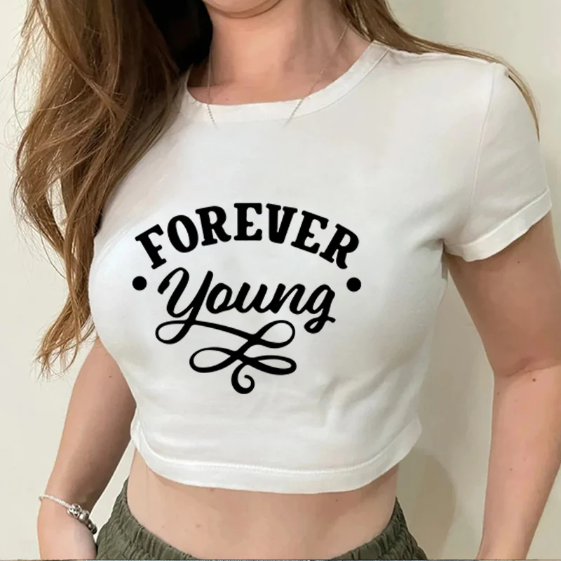 

"Forever Young" Letters Are Versatile Fashion Retro Printed T-Shirt, Round Neck Short-Sleeved Elastic Casual Top Trendy Sexy Tee