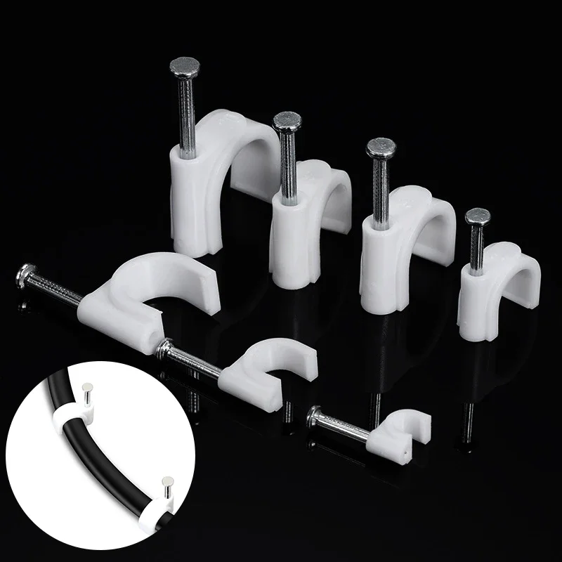 Round Cable Clips 4~16 mm C Shaped Management Nylon Carbon Steel Nails Line Cord Tie Circle Wire Wall Holder 100PCS