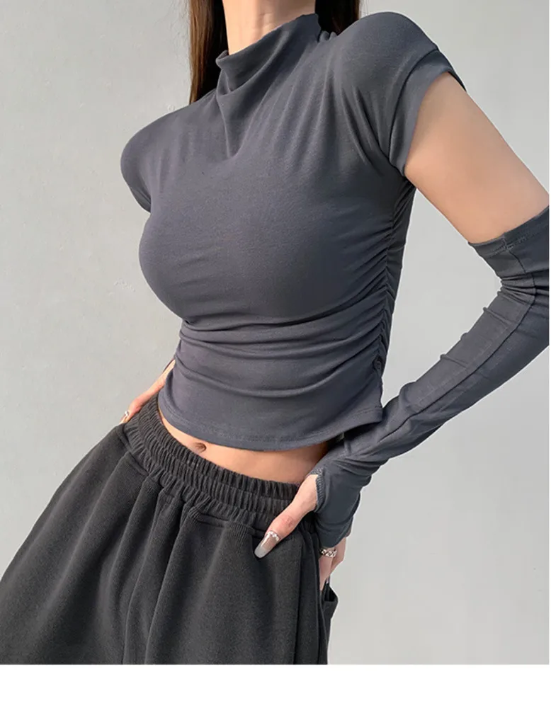 

Fashion Sweet Cool Spicy Girl Spicy Finger Sleeve Short Half High Neck Pleated Tight Bottom Tees T Shirt V263
