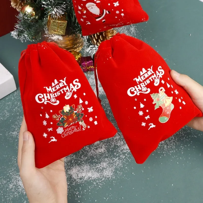 Drawstring Christmas Velvet Bags Red Gift Packaging Bag Candy Biscuit Pouch Merry Christmas Bracelet Jewelry Storage Bag 20/1PCS