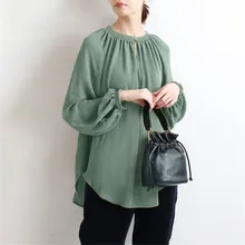 

Women's Blouse V-neck Loose Solid Color Long-sleeved All-match Blouse Japan Literary New Style Commuting Spring Autumn Lady Tops