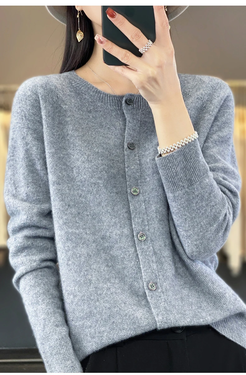 Women 100% Merino Wool Sweater Autumn Winter O-Neck First Line Seamless Cardigan Long Sleeve Clothing Cashmere Knitwear Tops