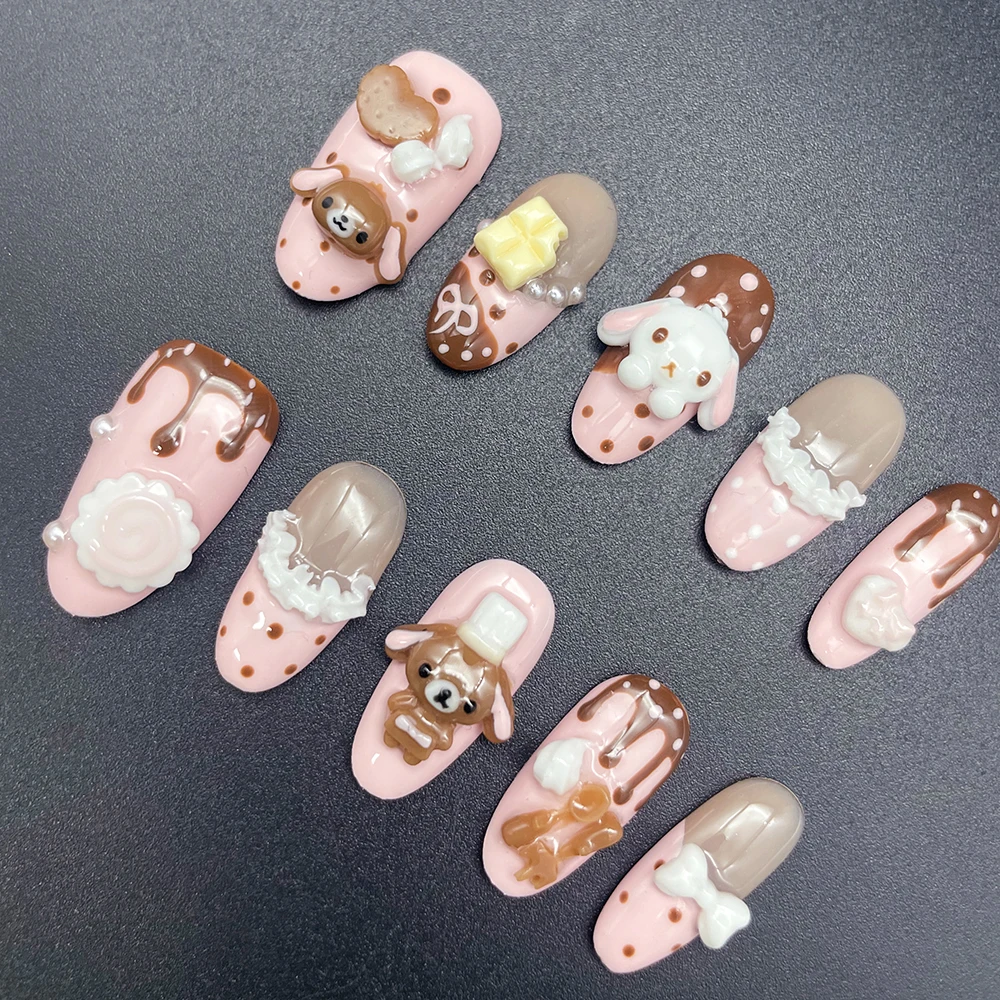 Kawaii Kaninchen-Bär Schokoladencreme Design Press-On Nägel Kurze Runde Form Niedliche Rosa Süße Keks 3D Puppen Cartoon Künstliche Nägel – Detail 9