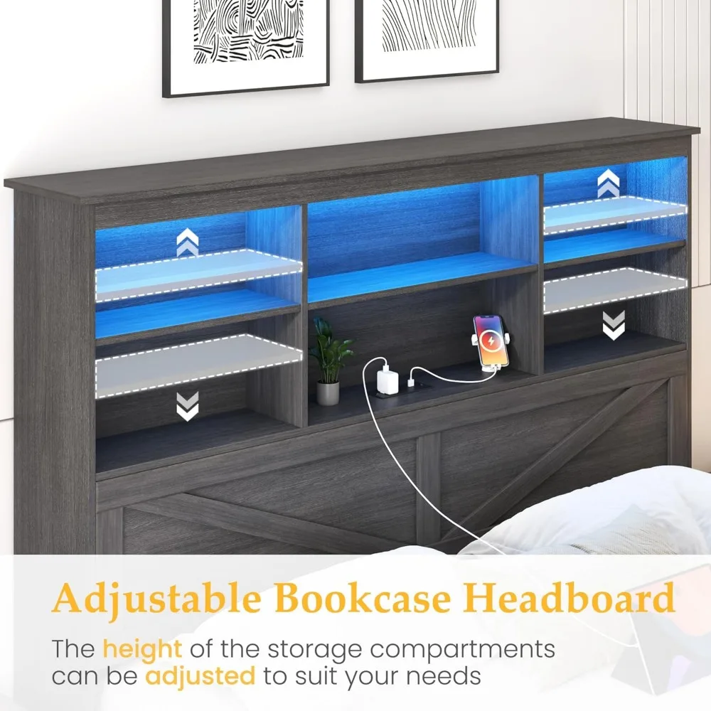 Queen Bed Frame with Headboard, Queen Bed Frame with High Storage Bookcase, 4 Storage Drawers & LED & Charging Station 5
